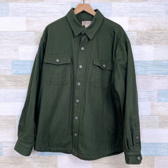 Duluth Trading Co Fleece Lined Canvas Shirt Jacket Green Workwear Cotton Mens XL - Picture 1 of 9